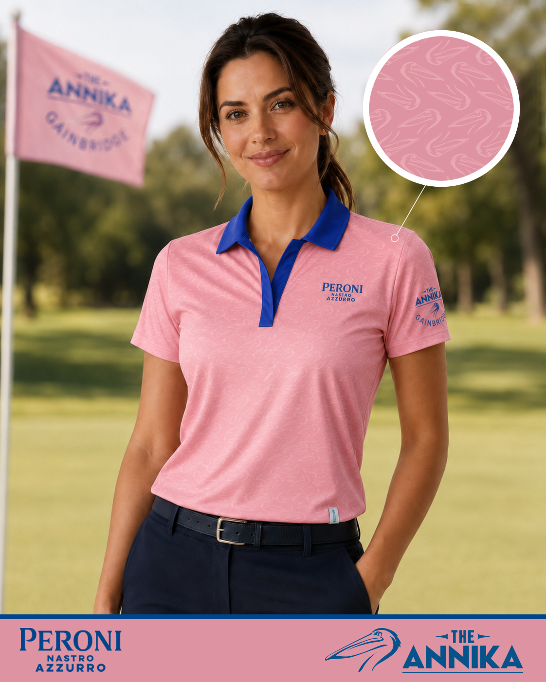 Woman wearing a Butcher Block women's performance polo